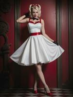 AI generated Beautiful young woman in pinup style dress and red high heels. ai generative photo