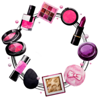 Pink frame of Makeup elements. Watercolor. Isolated. Cosmetics for banner or text. png