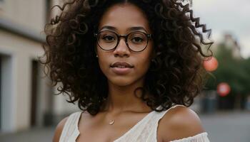 AI generated Portrait of a beautiful young african american woman in eyeglasses outdoors. ai generative photo