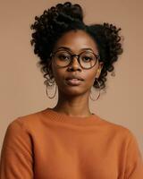 AI generated Beautiful african american woman with curly hairstyle and glasses. ai generative photo