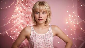 ai generado hermosa joven mujer en un blanco camiseta en un rosado antecedentes. ai generativo foto