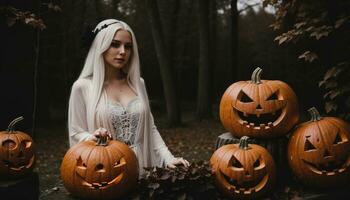 AI generated Beautiful young woman in black dress and hat on the background of Halloween pumpkins. ai generative photo