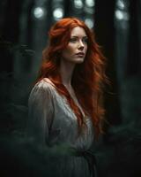 AI generated Beautiful redhead girl with long curly hair in a dark forest. ai generative photo