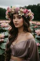 ai generado hermosa joven mujer con flores en pelo mirando a cámara aislado en gris. ai generativo foto