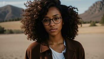 AI generated Portrait of a beautiful young african american woman in eyeglasses outdoors. ai generative photo