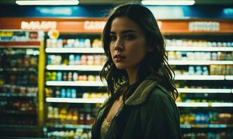 AI generated Beautiful young woman shopping in a grocery store, looking for food. ai generative photo