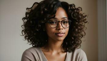 AI generated Portrait of a beautiful young african american woman in eyeglasses outdoors. ai generative photo