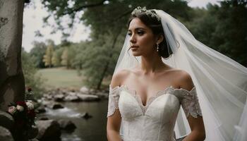 AI generated Beautiful bride in white wedding dress posing. ai generative photo