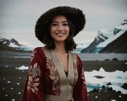 AI generated Portrait of a young woman smiling at camera in front of icebergs. ai generative photo