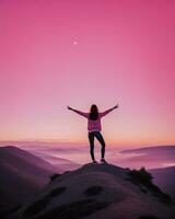 AI generated young woman hiker open arms on top of a mountain at sunrise. ai generative photo