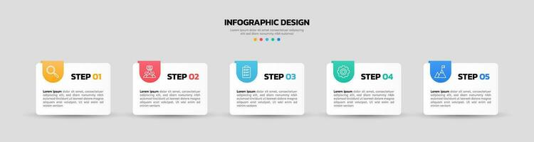 Modern business infographic template, square shape with 5 options or steps icons. vector