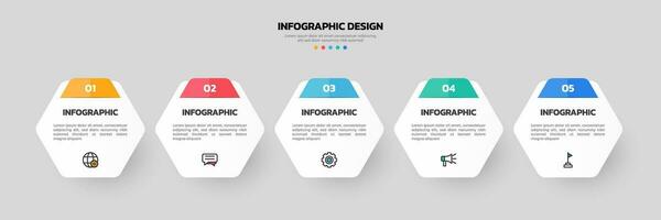 Modern business infographic template, hexagon shape with 5 options or steps icons. vector