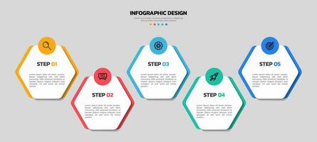 Modern business infographic template, hexagon shape with 5 options or steps icons. vector