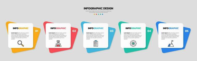 Modern business infographic template, square shape with 5 options or steps icons. vector