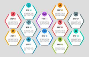 Modern business infographic template, hexagon shape with 12 options or steps icons. vector