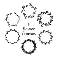 Set of six flower frames isolated on white background in doodle style. Floral arrangements and frames for the decoration of text, postcards and invitations. vector