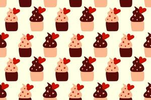 Seamless symmetrical pattern with chocolate cupcakes for Valentine's Day or birthday with cream cap and hearts on white background. Cute pattern with cupcake and hearts vector