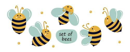 Set of cute bees in the cartoon style. Bees are flying in different directions. Set of doodle bees with cute smiles and eyes. Very busy bees are flying in different directions vector