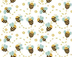 Bees move in different directions on white background with honey droplets, daisies and lines of movement. Cute bees. Seamless bee pattern for kids. Summer pattern for fabrics, bed linen, decor vector
