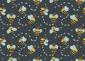 Bees move in different directions on blue background with honey droplets and lines of movement. Cute bees. Seamless bee pattern for kids. Summer pattern for fabrics, bed linen, decor vector