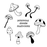 Set of poisonous mushrooms in the doodle style isolated on white background in round composition. Poisonous mushrooms for educational resources. Children's books. Decorative element for clothes vector