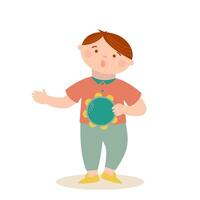 Little cute boy is playing musical tambourine. Music vector cartoon illustration.