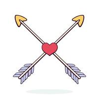 Two Crossed Cupid Arrows with Heart in the Middle. Valentines Day Symbol. Vector Illustration. Hand drawn Cartoon Clip Art with Outline. Design Element Isolated on White Background