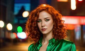 AI generated Beautiful young woman with red curly hair in a green dress in the city at night. ai generative photo