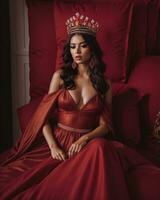 AI generated fashion interior photo of beautiful sensual woman with dark hair in luxurious dress and crown posing in bed. ai generative. ai generative