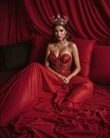 AI generated fashion interior photo of beautiful sensual woman with dark hair in luxurious dress and crown posing in bed. ai generative. ai generative