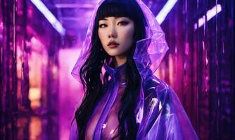 AI generated beautiful asian woman in purple raincoat walking in the city. ai generative photo