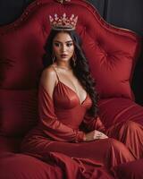 AI generated fashion interior photo of beautiful sensual woman with dark hair in luxurious dress and crown posing in bed. ai generative. ai generative