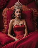 AI generated fashion interior photo of beautiful sensual woman with dark hair in luxurious dress and crown posing in bed. ai generative. ai generative