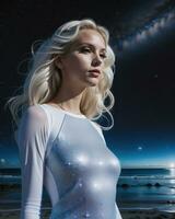 AI generated Beautiful blonde woman in white dress on the beach at night. ai generative photo