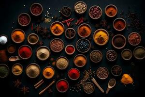 AI generated various spices and herbs in bowls on a black background photo