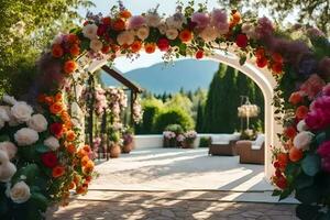 ai generado un arco con flores y verdor foto