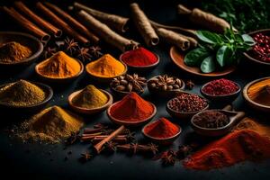 AI generated various spices and herbs are arranged in bowls photo