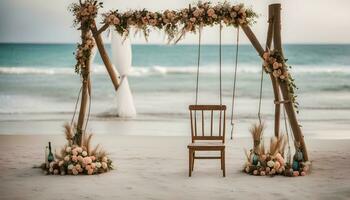 ai generado playa Boda ceremonia arco foto