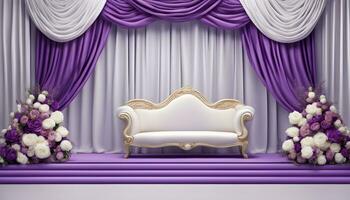 AI generated purple and white wedding stage with a white couch photo