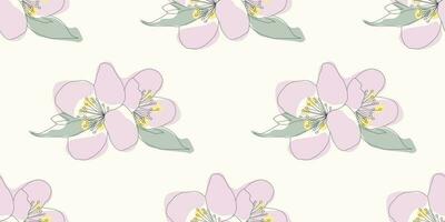 Line art Apple tree blossom, Vector seamless pattern. Endless Spring floral background, Wallpaper, Cover, Wrapping paper. Botanical color template for Print, Postcard, Fabric, Textile, Clothes design.