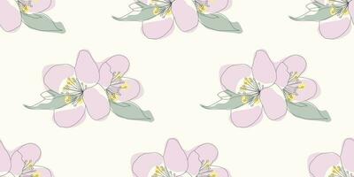 Line art Apple tree blossom, Vector seamless pattern. Endless Spring floral background, Wallpaper, Cover, Wrapping paper. Botanical color template for Print, Postcard, Fabric, Textile, Clothes design.