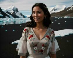 AI generated Portrait of a young woman smiling at camera in front of icebergs. ai generative photo