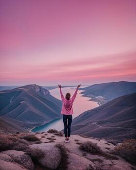 AI generated young woman hiker open arms on top of a mountain at sunrise. ai generative photo