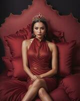 AI generated fashion interior photo of beautiful sensual woman with dark hair in luxurious dress and crown posing in bed. ai generative. ai generative