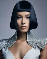 AI generated Beautiful young woman in futuristic costume. Beauty, fashion. Optics. ai generative photo