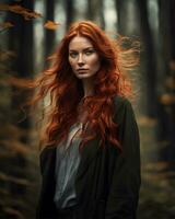 AI generated Beautiful redhead girl with long curly hair in a dark forest. ai generative photo