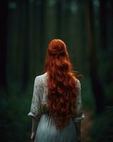 AI generated Beautiful redhead girl with long curly hair in a dark forest. ai generative photo