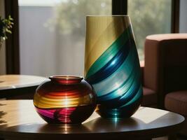 AI generated Colorful vases on a table in a modern living room. ai generative photo