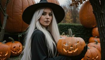 AI generated Beautiful young woman in black dress and hat on the background of Halloween pumpkins. ai generative photo