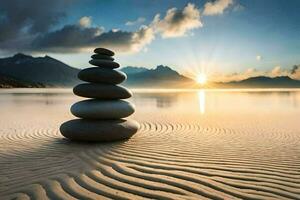 stacked stones on the beach at sunset. AI-Generated photo